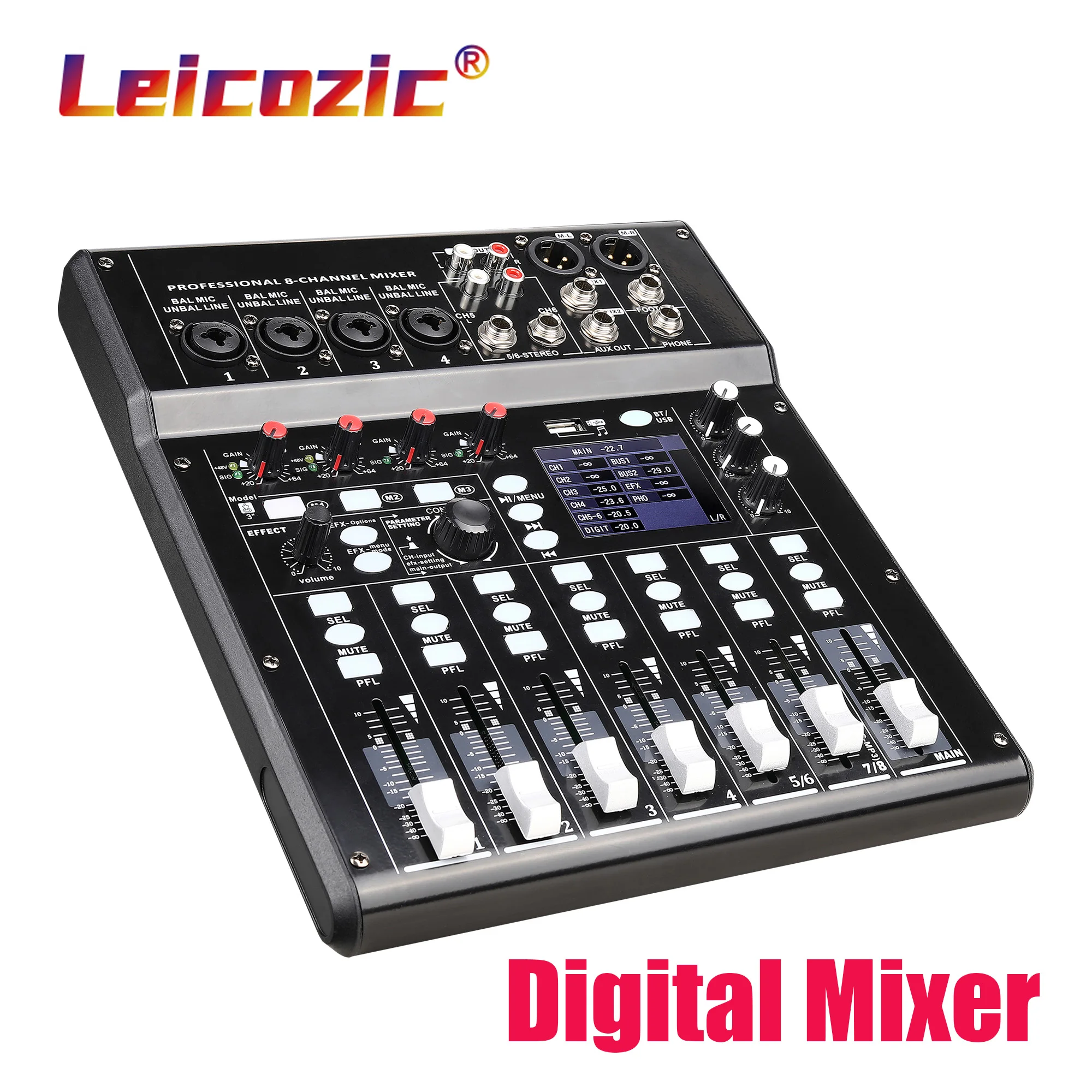 

Leicozic Professional 8-Channel Digital Mixer +48V Phantom Power Mixing Console DJ Equipement Audio Pro Live Stage Performance