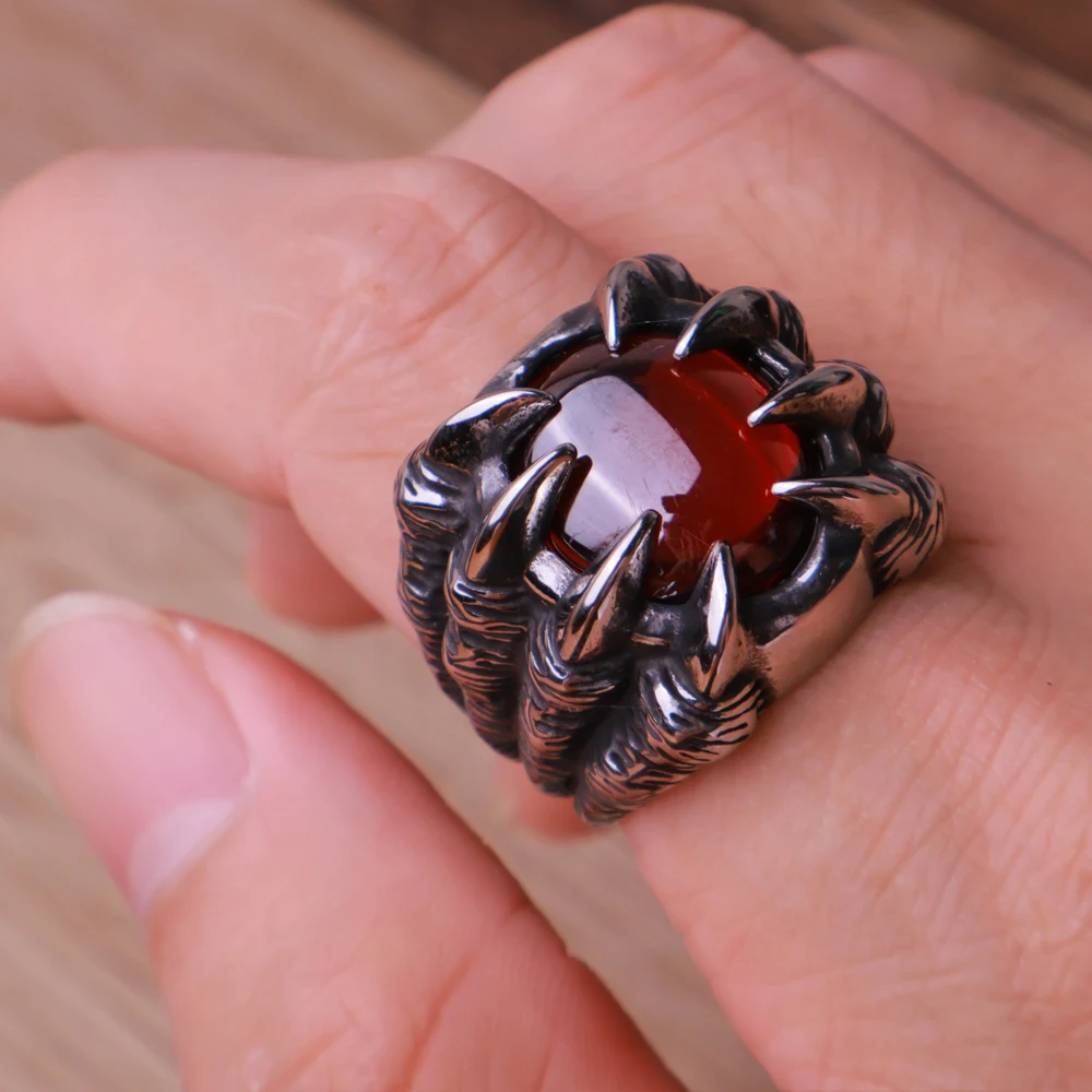 Vintage Big Stone Stainless Steel Dragon Claw Ring Mens Fashion Personality Punk Hip Hop Black Red Stone Ring Jewelry Wholesale