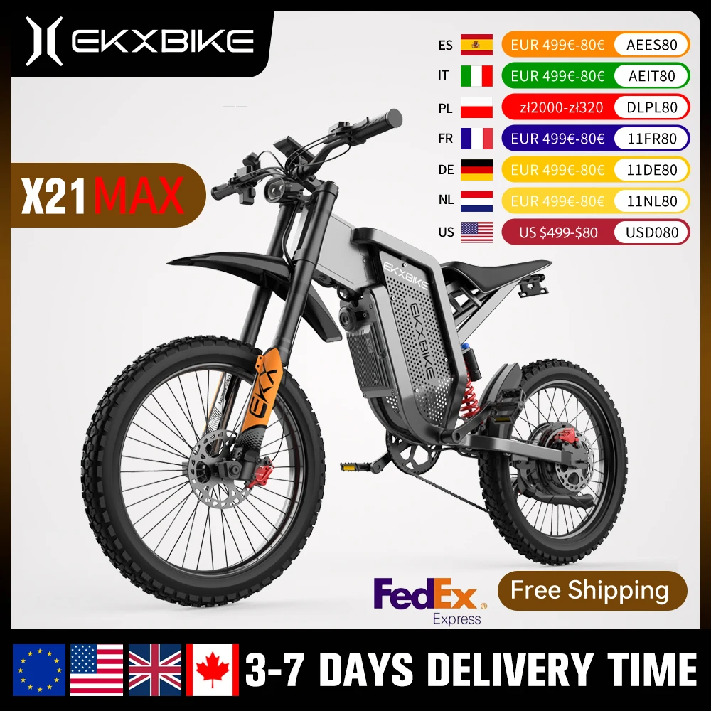 EKX X21 Max Electric Motorcycles 3000W Brushless Gearless Motors 60V30AH Lithium Battery Speed 85Kmh Adult Off Road Ebike