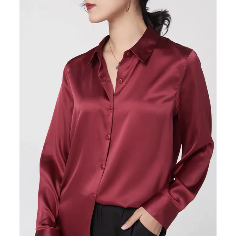 Blusas elegantes de satén de manga larga para mujer, camisa Vintage de seda blanca burdeos, camisas informales holgadas con botones para mujer 2024