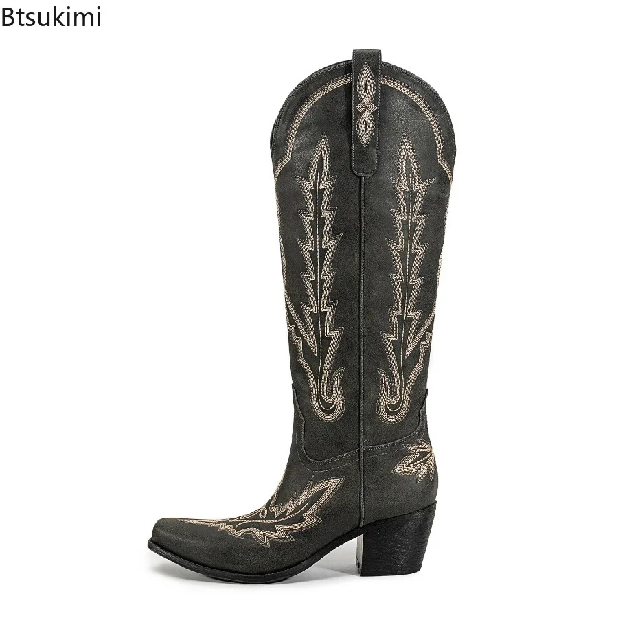 

Women's Retro Embroidery Riding Boots Pointed Toe Chunky Heel Knee-high Boots Spring Autumn Pull on Western Cowboy Girls Boots
