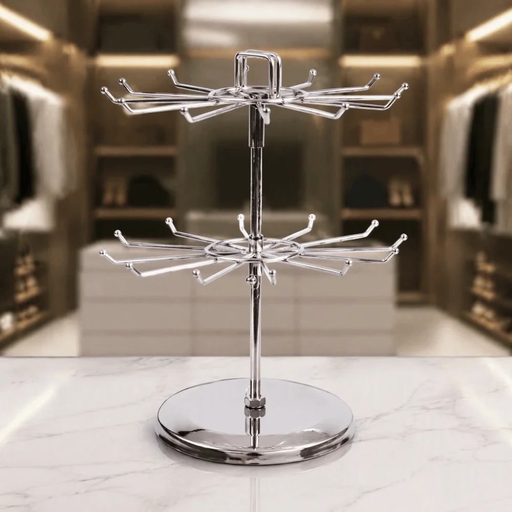 2-Tier Design Jewelry Organizer Stand Rotatable Round Shape Rotating Jewelry Holder Iron Material Keychain Shelf