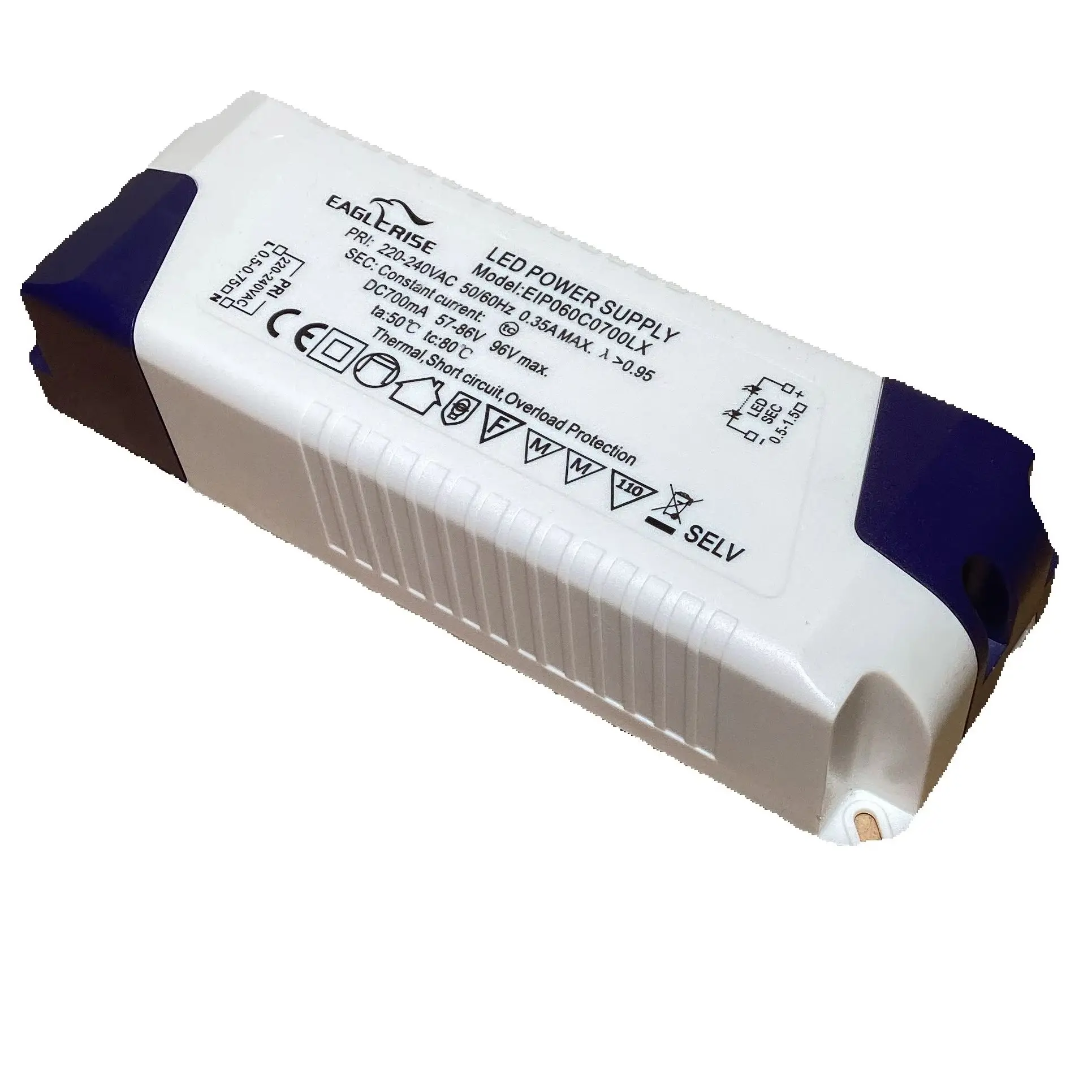 

High Power Eagelerise 60W Constant Current LED Transformer 700mA 57-86V EIP060C0700LX High Efficiency 90%