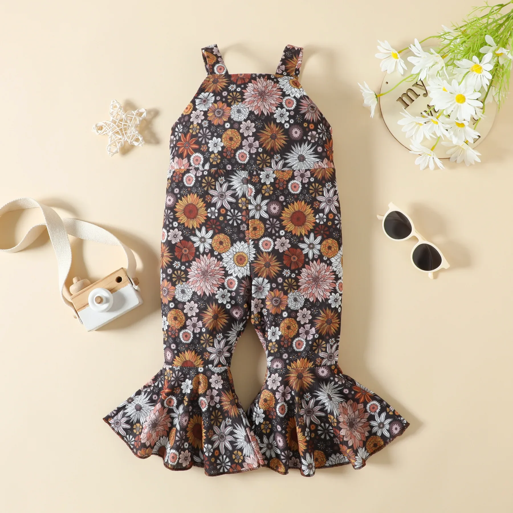 

Fashion Autumn Little Kids Girls Jumpsuits 6M-4Y Ribbed Floral Print Sleeveless Backless Jumpsuits Flare Long Pants Clothes