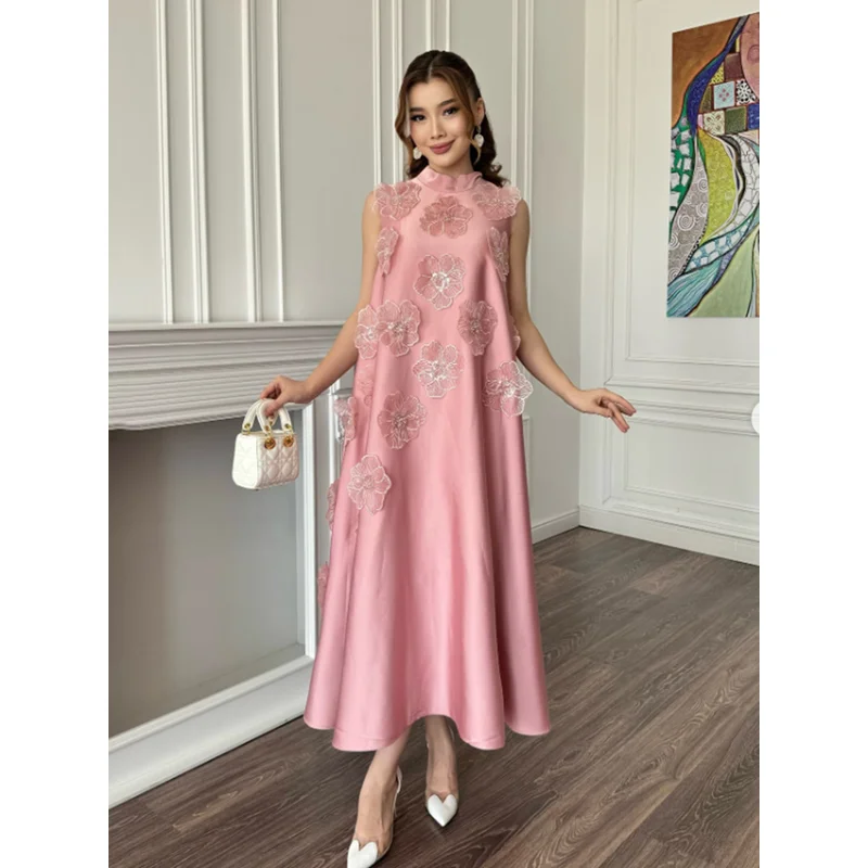 

Fashion Celebrity Style Three-dimensional Flower Collage Dress 2025 Sleeveless High-end Back Tie Pink Long Casual Wide Dress