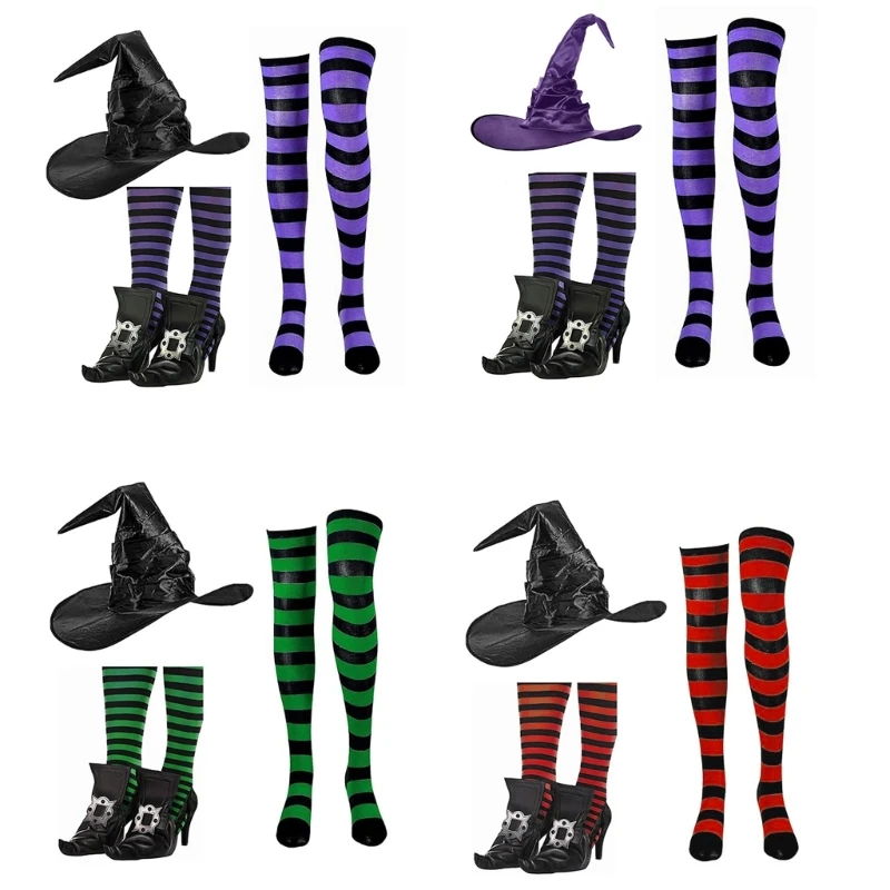 Witch Hat Witch Shoe Cover Striped Stockings Set for Girl Women Cosplay Party