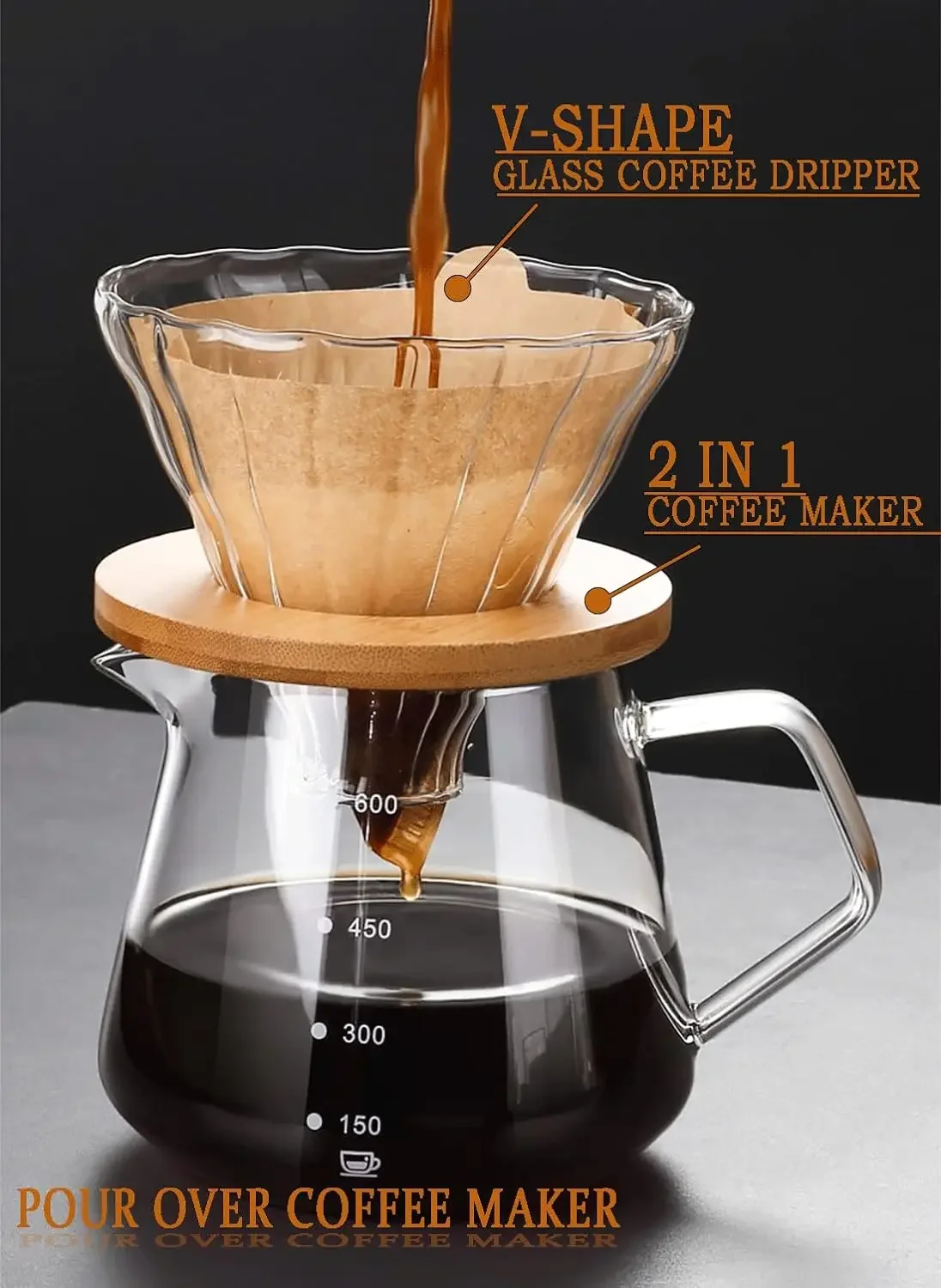 Punana Pour Over Coffee Maker - 300/360/600ML Glass Carafe Coffee Server with Glass Coffee Dripper/Filter, 1-4 Cups