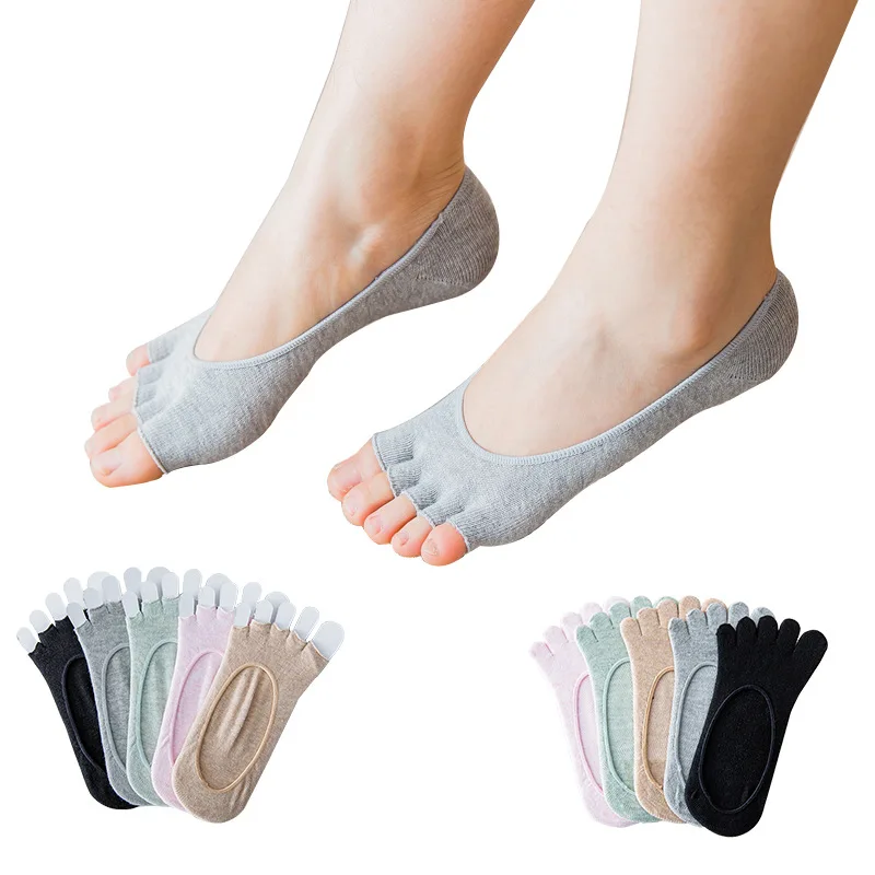 Ladies Open Toe Invisible Five Finger Socks Solid Color Shallow Mouth Split Toe Socks Pure Combed Cotton Toeless Loafers Liner