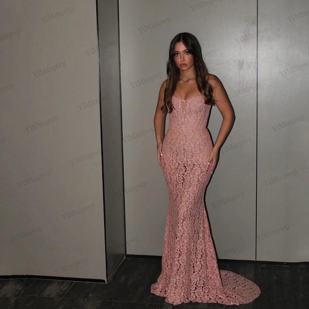 

Lace Evening Dresses For Women Mermaid Sleeveless Applique elegant dresses for special event Backless Sweep Train Customized