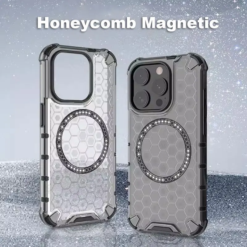 Magnetische Hülle für iPhone 16 15 14 13 12 11 Pro Max Plus Crystal Honeycomb Cover für Magsafe, stoßfeste Luftkissen-Softshell