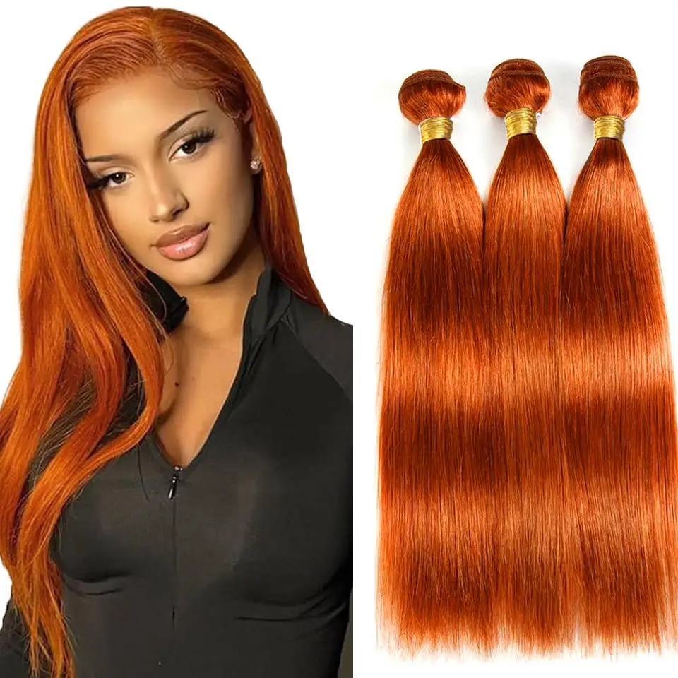 30 Inch Orange Ginger #350 Straight Bundles Human Hair 3/4 Bundles Brazilian Weaving 10A Virgin Hair Extensions for Black Women