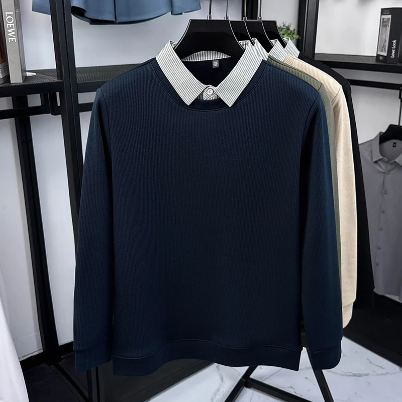 

Light luxury men's striped lapel sweater autumn winter plush thickened warm comfort casual new fashion fake two-piece pullover
