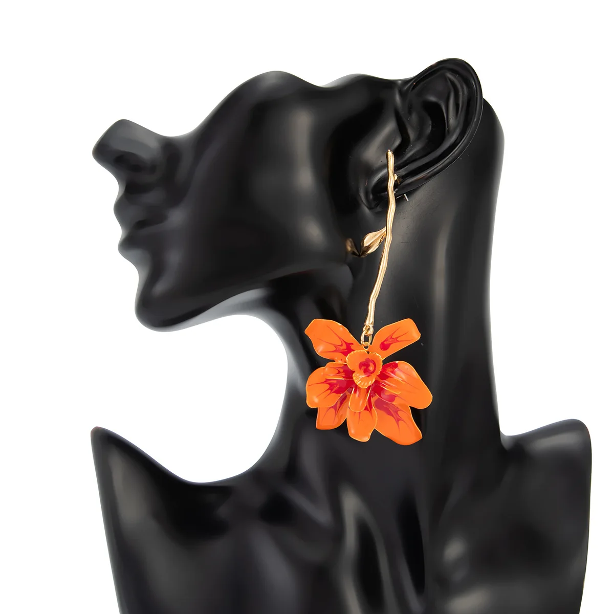 Vibrant Orange Flower Drop Earrings – Gold Alloy Iron Oil Dripping Petal Statement Earrings for Women 3765​