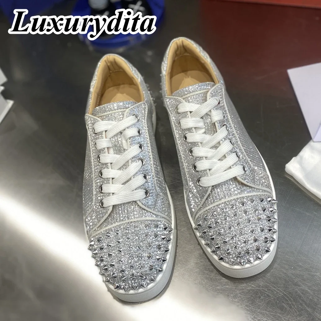 

Top Quality Womens Trendy Casual Sneakers Luxury Mens Real Leather Tennis Shoes Designr Red Sole Tide Lovers Rivet Shoes HJ1889