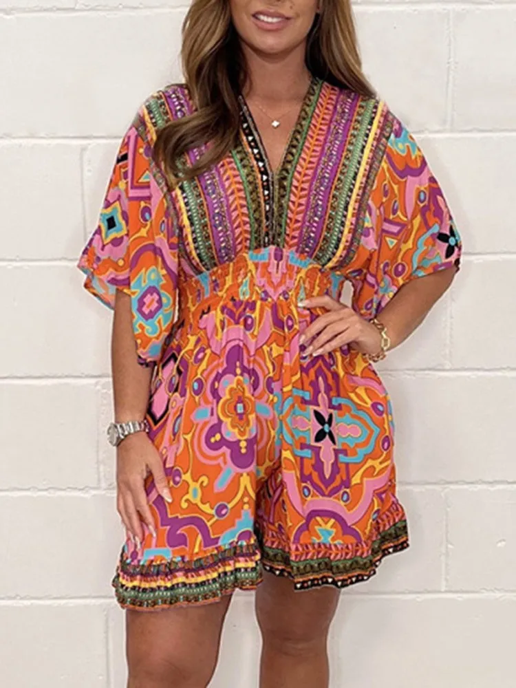 Summer Women's Fashion Boho Print Jumpsuits Female Elegant Folds Waist Batwing Sleeve Wide Leg Shorts Party Casual Women Rompers