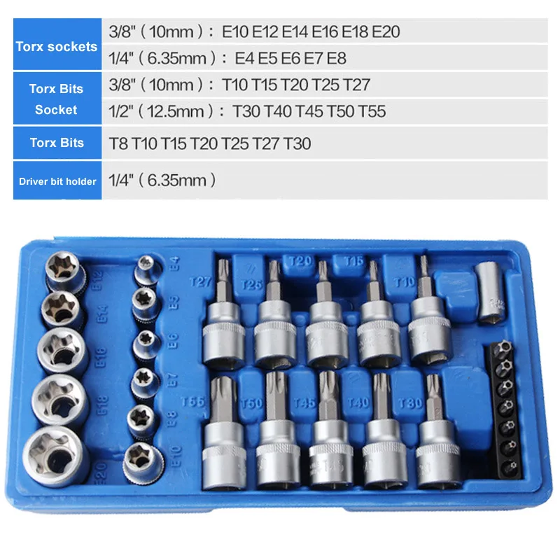 34/29 Pieces Torx Bit Socket and E-Torx Star Socket Set 1/4\