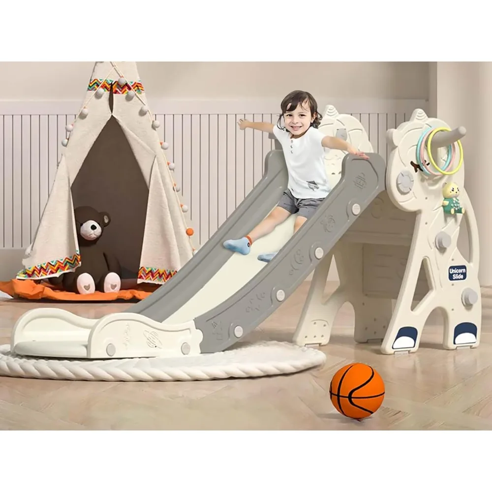 

Toddler Slide for Toddler Age 1-3 Indoor Plastic Slide Outdoor Playground Climber Slide Playset with Basketball Hoop