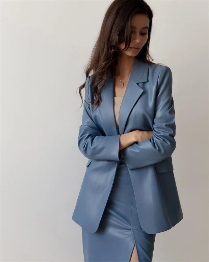 Leather Women Skirt Suits Set 2 Pcs Blue Haze Blazer+High Waist Knee Length Prom Dress Sexy Mother of the Guest Wedding Jacket