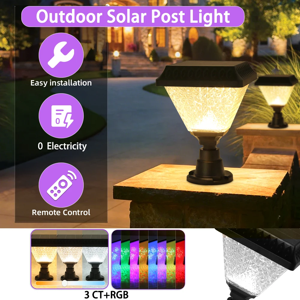 

IP65 Outdoor Solar Post Light 3TC+RGB Pillar Lights Remote Control LED Garden Column Lamp for Yard Patio Decor Lighting
