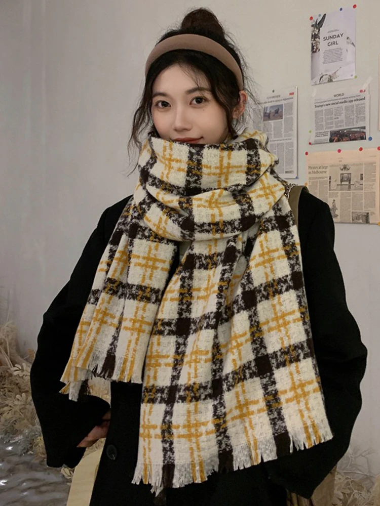 New Fashion Knit Big Plaid Vintage Scarf Headscarf Winter Women Ladies Men Scarve Female Foulard Thick Wrap Shawl Unisex Blanket