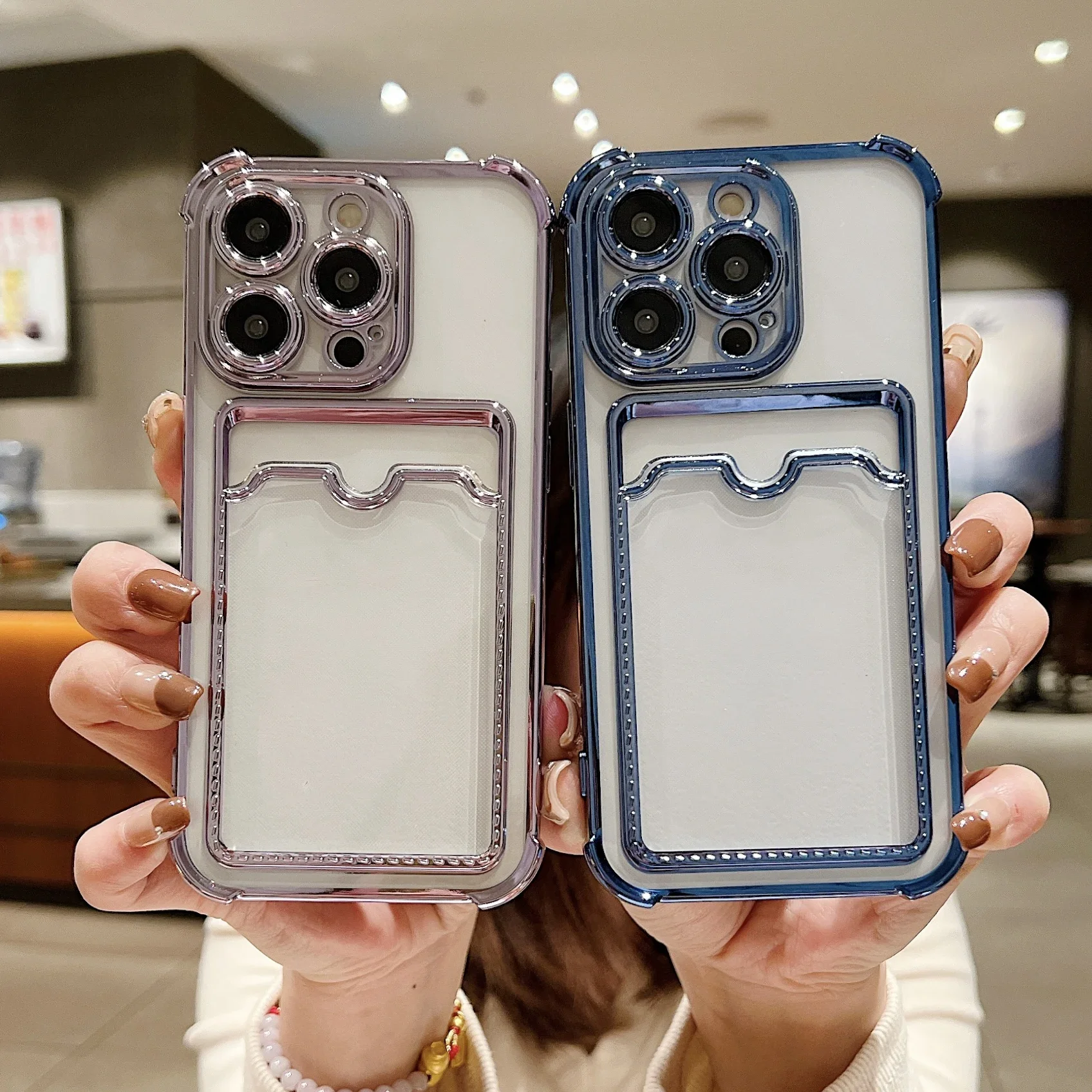 Luxury Plating Transparent Wallet Card Holder Phone Case For iPhone 15 14 13 12 11 Pro Max Plus Card Slot Shockproof Soft Cover