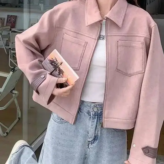 핑크 스위트 숏 재킷 여성용 봄 캐주얼 쿨 디자인 센스 올매치 아미노 섬유 청바지 코트 레귤러 스타일 중국산