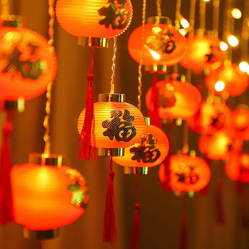新年飾り、タッセル付き、中国文字入り、氷の模様のランタン、春節の祝祭用ledライト