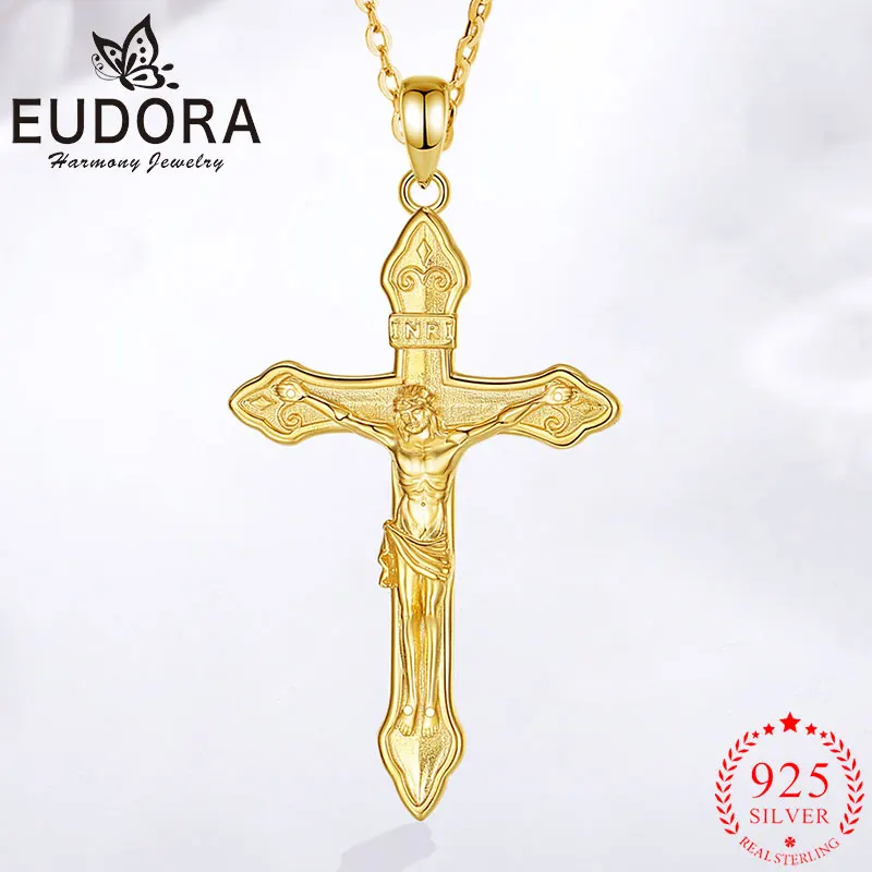 

Кулон-крест Eudora из серебра 925 пробы с позолотой 18K, подвеска с изображением Иисуса, амулет, религиозное украшение, подарок для мужчин и женщин