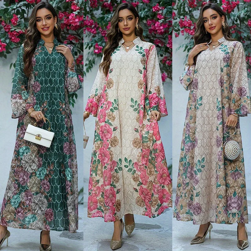 

Middle Eastern Arabic Robe New Print Women's Fashion Long Dress Long Sleeve Ladies Dress Accessories