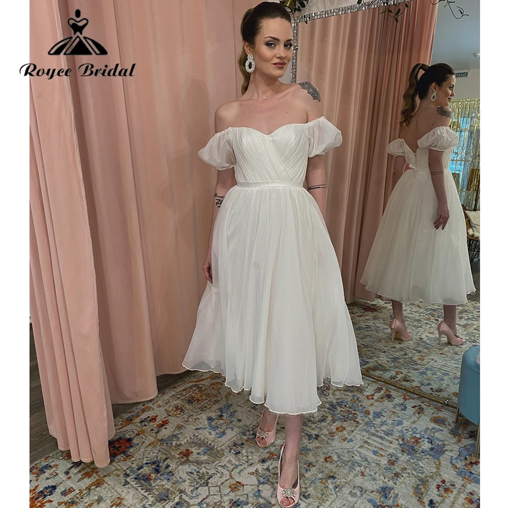 

Sexy Strapless Neck Wedding Dress Custome Made Chiffon A Line Midi Gown Half Sleeve Elegant Party Evening Spring Female Dress