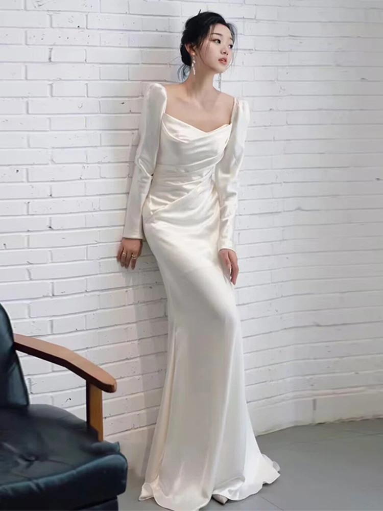 

Элегантное атласное свадебное платье с длинными рукавами, легкое как перо, для женщин, со средней талией, в корейском стиле, на молнии, с небольшим шлейфом, для банкета