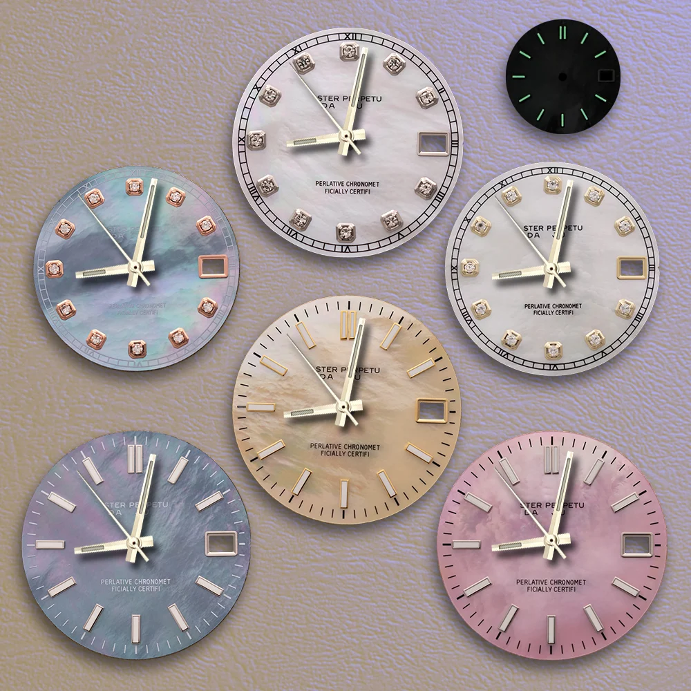 Best sellers 28.5mm S Logo Log Pearl Shell Golden Dial Green Noctilucentnt Fit NH35 NH36 Movement Watch Modification Accessories