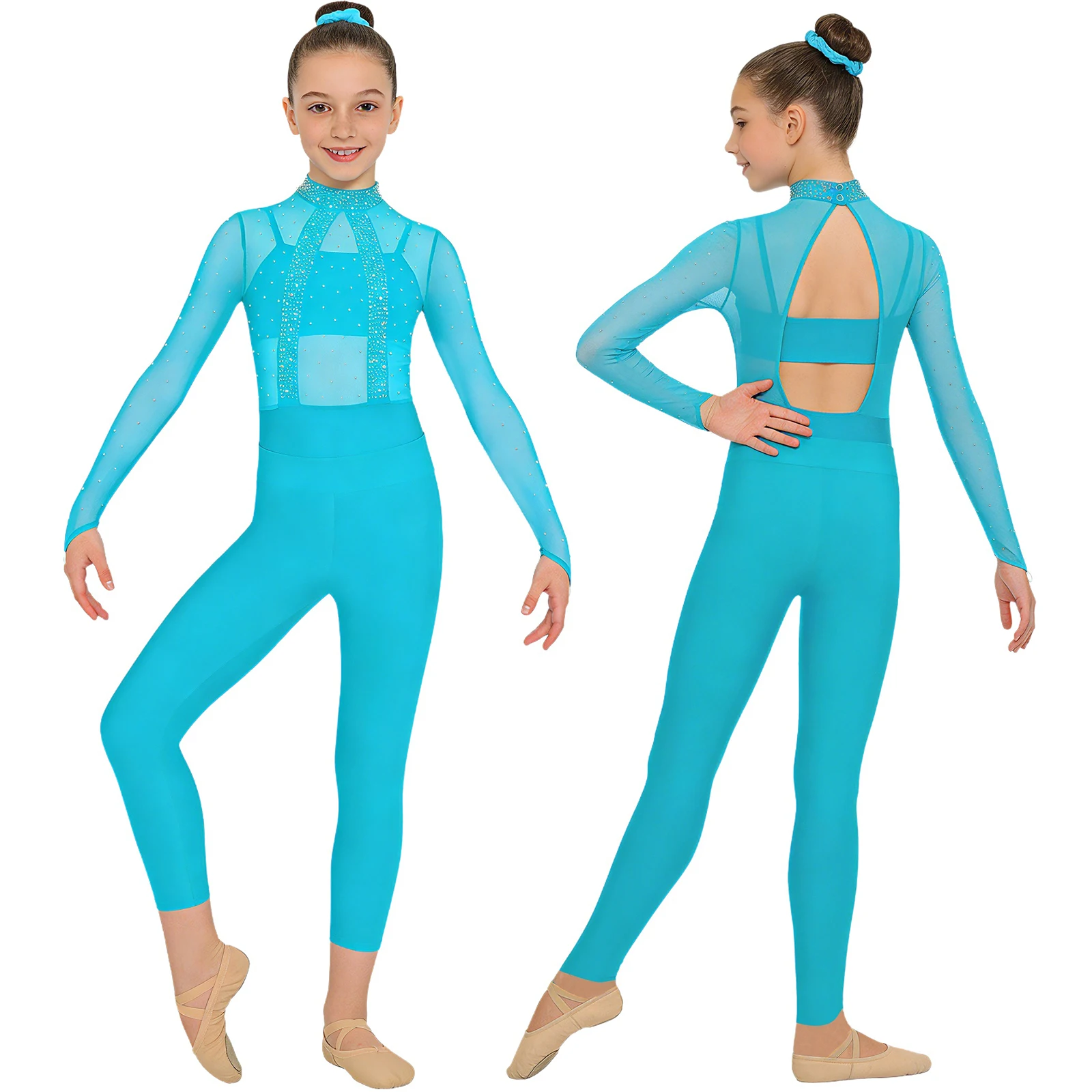 

Kids Girls Shiny Rhinestones Sheer Mesh Ballet Dance Gymnastics Leotard with Vest Leggings Figure Skating Workout Yoga Unitards