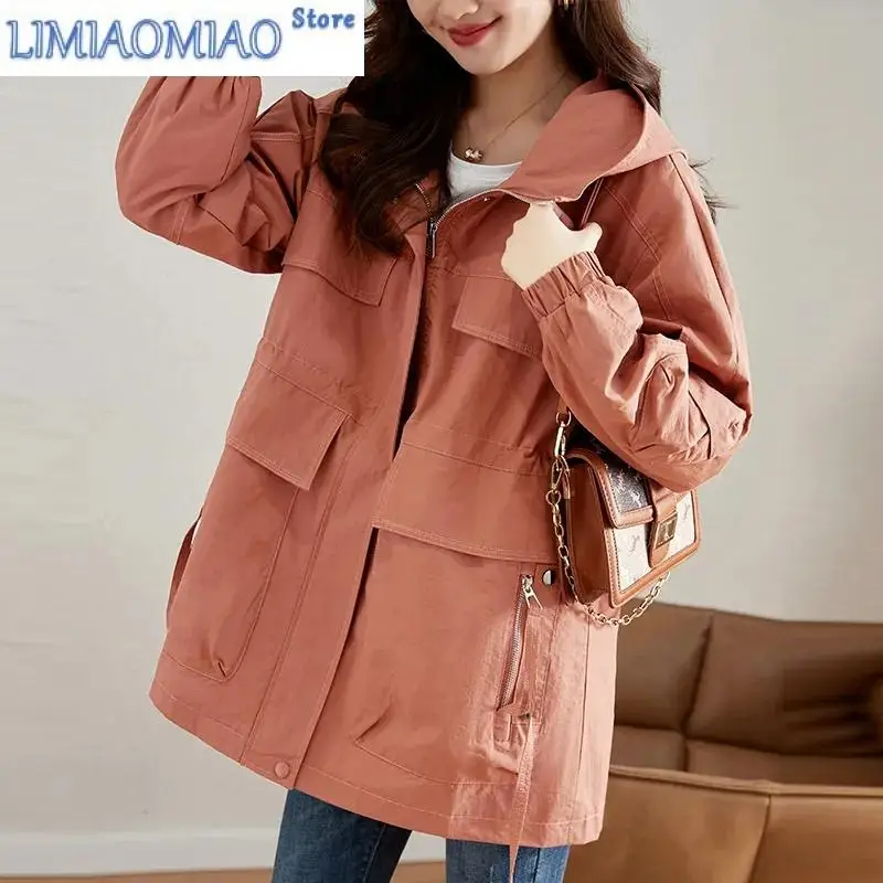 Neue Frühling Herbst lose Kapuze Outcoat Mischung Baumwolle mittellange Jacke hochwertige schlanke dünne 4xl Tasche Trenchcoat Khaki Blac