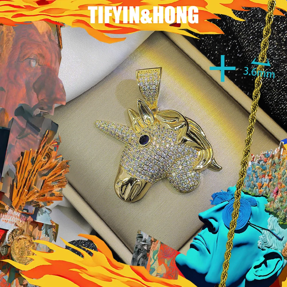 Luxury diamond unicorn pendant paired with 18K gold-plated necklace, high-end customization, suitable for hip-hop rap, as a gift