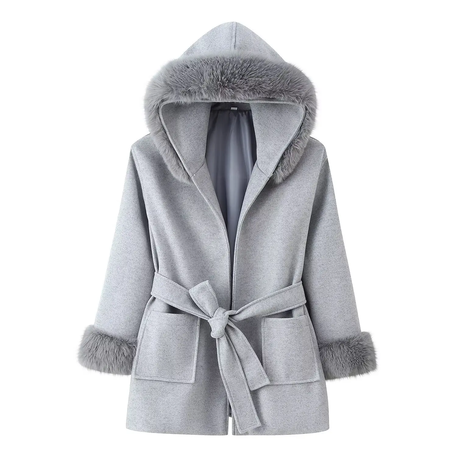 

Korean style 2025 autumn and winter new fashion temperament versatile hooded fur collar lace-up double-sided woolen coat