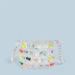 New colored bead small bag, heart-shaped bead bag, women's mini diagonal cross bag, candy handbag, woven bag