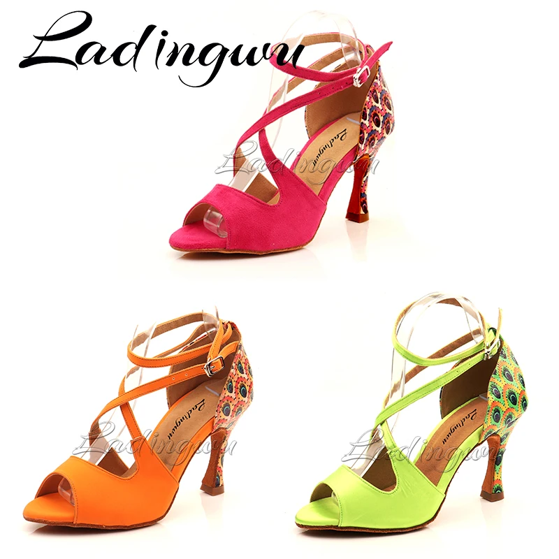 Ladingwu Dance Shoes Womem's Suede And Peacock Pattern PU Ballroom Dance Shoes Latin Samba Comfortable Dance Sandals