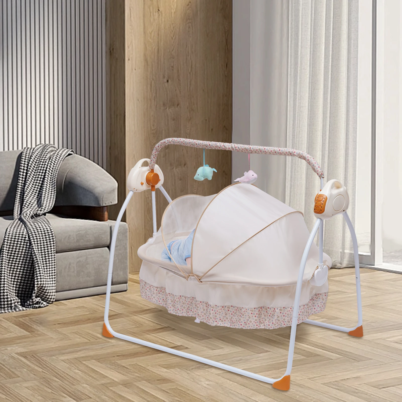 電動ベビークレードルスイング 0-18Month 幼児ベッド自動スイングリモコン付き 25kg 容量折りたたみ式