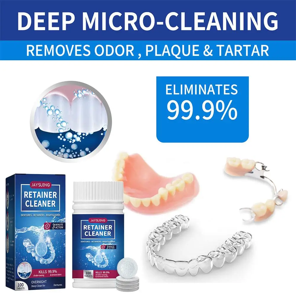 NEW Denture Cleansing Tablet Cleanser Pills Whitening Remove Bad Odors Oral Cleaning Care Fresh Breath Cleaning Stains 100 Tabs