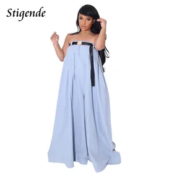 Stigende Wide Leg Loose Fit Strapless Jumpsuit Women Casual High Waist Pants with Belt Sexy Slash Neck Solid Color Overalls