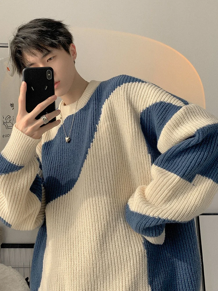 Blue Men's Round Collar Sweater Colorblocked Patchwork Kintting Pullover Tops Korean Trend Autumn Winter Kinttwear Clothes