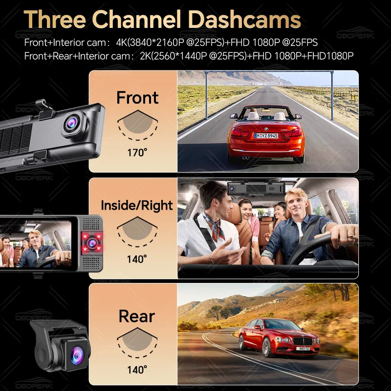 OBDPEAK 3 Camera Dash Cam 4K Car DVR Front Inside Rear 1080P GPS Tracking Night Vision Video Registrator Dashcam Parking Monitor