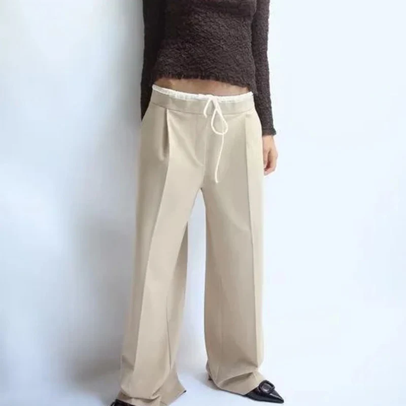 กางเกงลำลองขากว้างใส่สบายสำหรับผู้หญิง แฟชั่นฤดูใบไม้ผลิ กางเกงขากว้างเอวสองชั้น กางเกงขายาวลำลองอเนกประสงค์