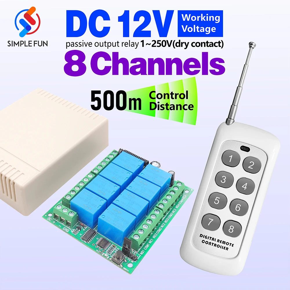 Universal Wireless Remote Control Switch RF 433MHz 8 CH DC 12V 10A Relay Receiver,500m Transmitter for Garage Door Motor Lamp