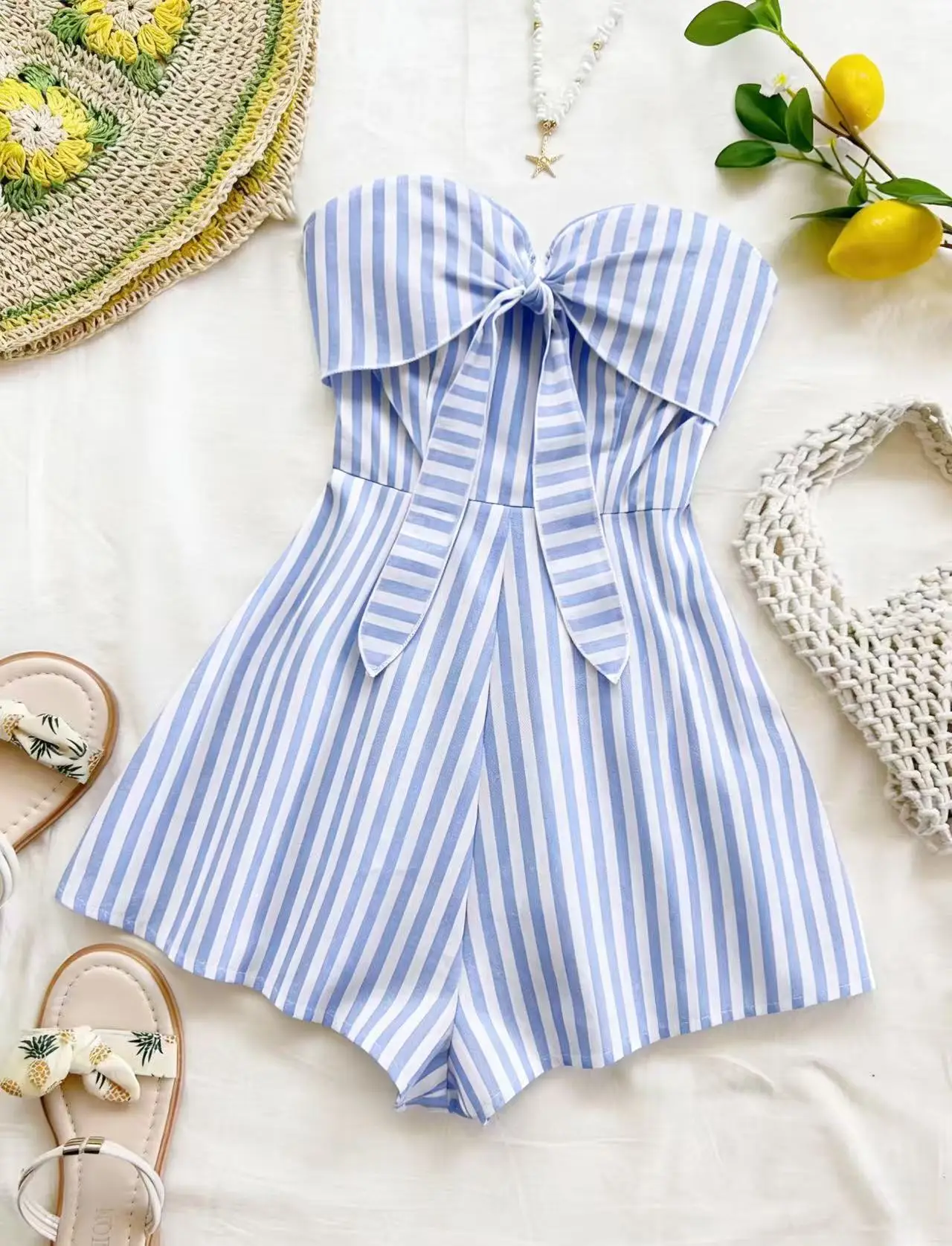 

Women's Spring/Summer Cruise Vacation Blue Striped Front Waiver Loose jumpsuit, Suitable for Party, Date, Afternoon Tea