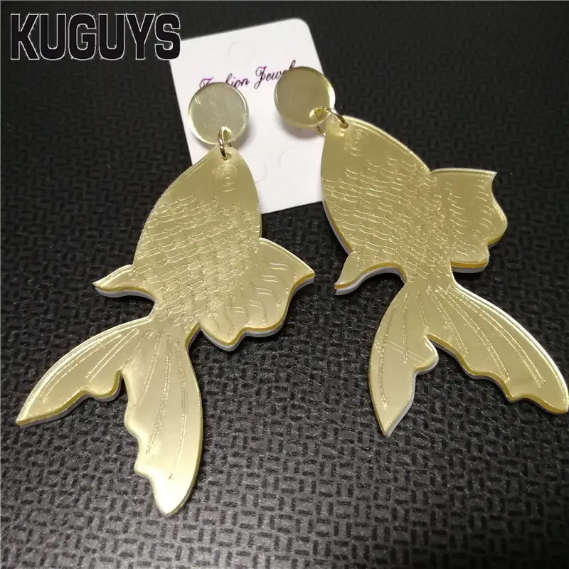 KUGUYS Acrylic Jewelry for Women Long Drop Dangle Earrings Fashion Mirror Pink Gold Color Good Luck Koi Fish Girl\'s Gift
