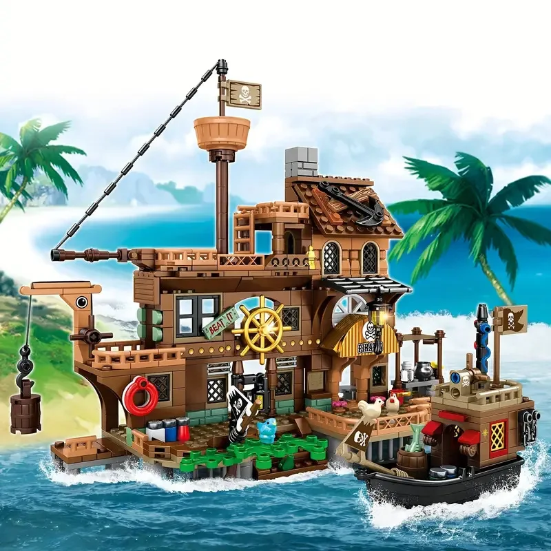 Creative Medieval Pirate Island Fortress Castle Building Blocks Adventure Ship Log Cabin Model Boat Assemble DIY Toys Kid Gift