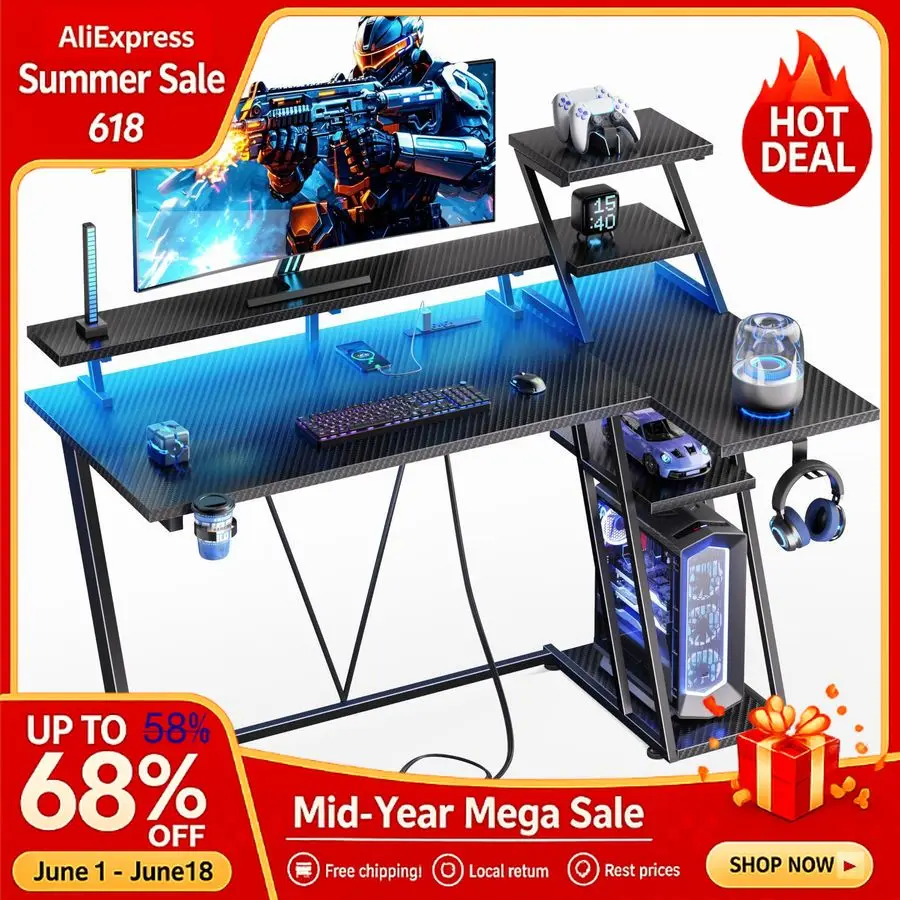 

39 Inch Gaming Desk LED Lights Power Outlet, Small Gaming Computer Desk with Storage Shelves, L Shaped Gamer Workstations,Custom