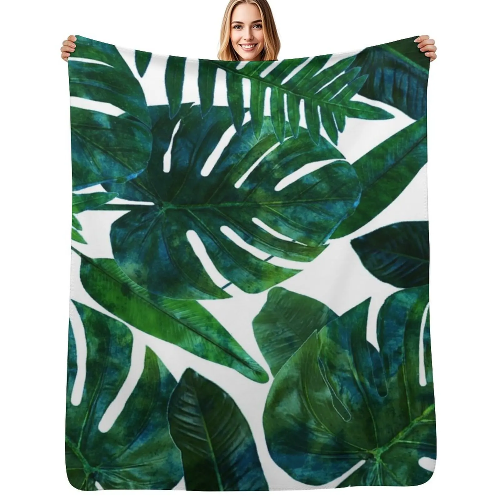 

Tropical Nature Monstera Watercolor Painting, Botanical Jungle Dark Palm Illustration Throw Blanket Hair Bed linens Blankets